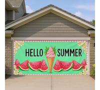 Hello Summer Housse de porte de garage - Motif de crème glacée - Vert vif - Décoration d'été extérieure - Fond de fête saisonnière - 397 x 180 cm