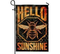 Hello Sunshine Bee Drapeau de jardin, bannière vintage en nid d'abeille noire pour décoration d'intérieur, toile de jute double face, décoration de pelouse extérieure, 30,5 x 45,7 cm