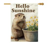 Hello Sunshine Drapeau de jardin, adorable marmotte printanière, décoration d'intérieur, bannière double face en toile de jute pour décoration saisonnière 71 x 101 cm