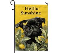 Hello Sunshine Drapeau de jardin carlin, décoration de chien jaune pour pelouse extérieure d'été, bannière à ressort en toile de jute double face, décoration de cour sur le thème des animaux mignons