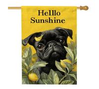 Hello Sunshine Drapeau de jardin carlin, décoration de chien jaune pour pelouse extérieure d'été, bannière à ressort en toile de jute double face, décoration de cour sur le thème des animaux mignons