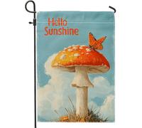 Hello Sunshine Drapeau de jardin champignon orange, champignon papillon, décoration de cour, décoration saisonnière de pelouse, bannière fantaisie pour la maison et le jardin 30,5 x 45,7 cm
