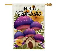 Hello Sunshine Drapeau de jardin, champignon violet et fleur, bannière de décoration d'intérieur, drapeau double face en toile de jute pour décoration de pelouse extérieure de printemps, 71 x 101,6 cm