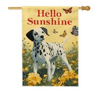 Hello Sunshine Drapeau de jardin dalmatien, chien jaune, floral, papillon, bannière de décoration d'intérieur, drapeau double face en toile de jute pour décoration de pelouse extérieure printemps été