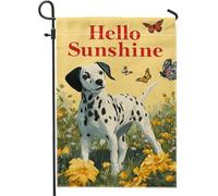 Hello Sunshine Drapeau de jardin dalmatien, chien jaune, floral, papillon, bannière de décoration d'intérieur, drapeau double face en toile de jute pour décoration de pelouse extérieure printemps été