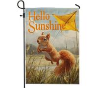 Hello Sunshine Drapeau de jardin écureuil, cerf-volant jaune, décoration extérieure, bannière double face en toile de jute pour la maison et les fêtes, décoration de pelouse 30,5 x 45,7 cm