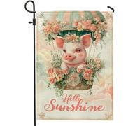 Hello Sunshine Drapeau de jardin en forme de cochon avec ballon, bannière de décoration florale et animale, double face, toile de jute printanière, 30,5 x 45,7 cm