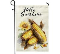 Hello Sunshine Drapeau de jardin en forme de maïs, bannière de décoration d'intérieur de campagne jaune, bannière double face en toile de jute, décoration de pelouse extérieure saisonnière 30,5 x 45,7