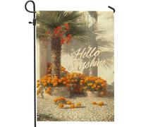 Hello Sunshine Drapeau de jardin, fleur orange chaude, décoration de terrasse, bannière double face en toile de jute pour l'extérieur, drapeau de paysage d'été, décoration de pelouse, 30,5 x 45,7 cm