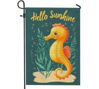 Hello Sunshine Drapeau de jardin hippocampes, bannière de décoration d'été nautique orange vif, drapeau de cour double face en toile de jute pour décoration de pelouse extérieure, 30,5 x 45,7 cm