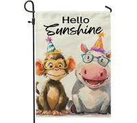 Hello Sunshine Drapeau de jardin, joli singe et vache - Bannière de décoration d'intérieur - Drapeau double face en toile de jute pour décoration de fête en plein air - 30,5 x 45,7 cm