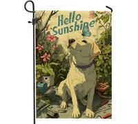 Hello Sunshine Drapeau de jardin, labrador jaune, papillon, décoration florale, bannière de cour, bannière double face en toile de jute pour décoration de pelouse 30,5 x 45,7 cm