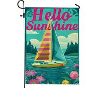 Hello Sunshine Drapeau de jardin, voilier coloré et lumineux, décoration extérieure d'été, bannière florale double face, décoration de pelouse de terrasse, 30,5 x 45,7 cm