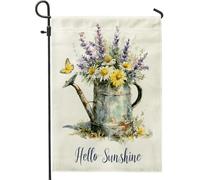 Hello Sunshine Drapeau floral de jardin, arrosoir violet lavande jaune marguerite décoration double face en toile de jute, décoration de pelouse de maison printemps été 30,5 x 45,7 cm