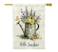 Hello Sunshine Drapeau floral de jardin, arrosoir violet lavande jaune marguerite décoration double face en toile de jute, décoration de pelouse de maison printemps été 71,1 x 101,6 cm