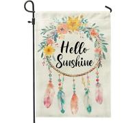Hello Sunshine Drapeau floral de jardin, fleurs jaunes vives et plumes, décoration extérieure, bannière double face en toile de jute pour décoration de terrasse d'été, 30,5 x 45,7 cm