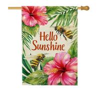 Hello Sunshine Drapeau floral de jardin, pêche, hibiscus, abeille, décoration extérieure, drapeau double face en toile de jute pour décoration de terrasse d'été, 71 x 101,6 cm