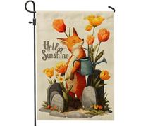 Hello Sunshine Fox Drapeau de jardin, bannière florale orange pour décoration d'intérieur, décoration de pelouse double face en toile de jute pour fête en plein air, 30,5 x 45,7 cm