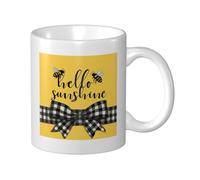 Hello Sunshine Tasse à café élégante en céramique avec nœud en ruban à carreaux et ruban pour la maison et le bureau 325 ml