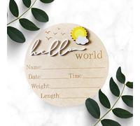 Hello World Disque en bois 3D Annonce de bébé - Soleil et nuage - Plaque souvenir de nouveau-né - Signe de stats de naissance neutre pour les nouveaux parents
