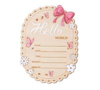 Hello World Panneau en bois pour annonce de naissance de bébé, nœud rose, papillon et floral, 16,5 cm (capsule)