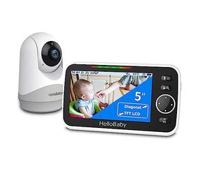 HelloBaby Moniteur avec Caméra et Audio, Écran Large de 5'' avec Batterie 3500mAh, Caméra Rotative et Zoom à Distance, Communication Bidirectionnelle, Mode Éco, Vision Nocturne Automatique