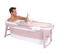HelloBath® Baignoire Pliable L 143x60x58 cm pour Adultes | Baignoire Portable avec Coussin, Lampe LED, Porte-savon & Rouleaux de Massage | Bain de Glace & Bain Extérieur pour Été & Hiver | Rose