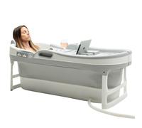 HelloBath® Baignoire Pliable XL 148x63x52 cm pour Adultes | Baignoire Portable avec Coussin de Bain, Sac de Rangement, Lampe LED & Rouleaux Massage | Mobile pour Douche & Extérieur | Gris Clair