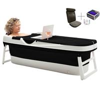 HelloBath® Baignoire Pliable XXL 157x60x48 cm pour Adultes | Baignoire Portable avec Coussin de Bain, Sac de Rangement, Lampe LED & Rouleaux Massage | Mobile pour Douche & Extérieur | Noir