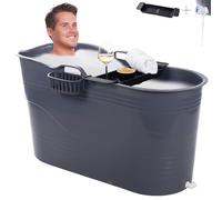 HelloBath® Seau Bain Pour Bain Glacé et Bain à Remous - XL 122x56x64cm - Baignoire Avec Tuyau Vidange et Bouchons Vidange - Piscine Autoportante Pour Adultes, Enfants Compagnie (Cool Grey)