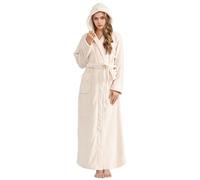 Hellomamma Peignoir long à capuche pour femme en flanelle polaire de luxe pour l'hiver chaud, Beige, M