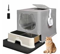 HelloMiao Bac à litière fermé avec Toit/Couvercle et tiroir en Acier Inoxydable - Litière pour Chat avec Filtre à Charbon Actif Contre Les odeurs, Pelle et Tapis de litière gratuits