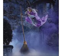 HELLORSO Sorcière volante d'Halloween sur balai - Grande sorcière volante - Capteur tactile - Convient pour la cour et Halloween - 1,8 m - Violet