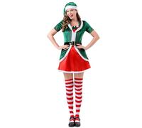 HELLORSOON Costume Déguisement Lutin Elfe de Noël Femme, lutin déguisements de Noël Tenue Fête Manches Longues Costume Carnaval Performance Femme Robe Velours PèRe Pour Adulte Tablier + Chapeau