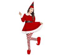 HELLORSOON Costume Déguisement Lutin Elfe de Noël Femme, lutin déguisements de Noël Tenue Fête Manches Longues Costume Carnaval Performance Femme Robe Velours PèRe Pour Adulte Tablier + Chapeau