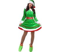 HELLORSOON Déguisement Elfe pour Femme, Déguisement Elfe Adulte Tenue Fête Déguisée Costume de Carnaval Robe Mère Noël Femme Costume MèRe NoëL Chapeau Bas Chaussure Ceinture
