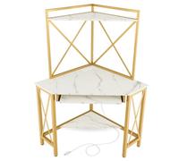 Helloshop26 Bureau d'angle avec clapier Bureau Peu encombrant étagères Plateau pour Clavier Table avec huche 113 x 75 x 145 cm Cadre en métal Blanc 20_0007973