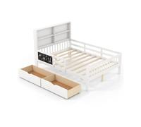 Helloshop26 Cadre de lit Full avec bibliothèque et 2 tiroirs 203 x 104,5 x 120 cm Solide et sécurisé en Bois Blanc 20_0010972