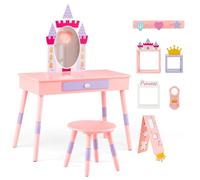 Helloshop26 Coiffeuse Enfants 74 x 39 x 101,5 cm 2 en 1 avec Miroir détachable Design château Ambiance Cosy en MDF Rose 20_0020842