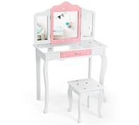 Helloshop26 Ensemble Coiffeuse et Tabouret pour Enfants Miroir à 3 Volets Amovible Table de Maquillage avec tiroir Blanc 20_0005023