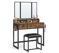 Helloshop26 Ensemble de Coiffeuse Table de Toilette 90 x 40 x 141 cm avec Tabouret rembourré avec Miroir Triple 3 tiroirs Porte-sèche-Cheveux Pot Style Industriel Marron 12_0005417