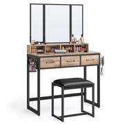 Helloshop26 Ensemble de Coiffeuse Table de Toilette avec Tabouret 40 x 90 x 141 cm rembourré avec Miroir Triple 3 tiroirs Porte-sèche-Cheveux Pot Style Industriel Marron Rustique et Noir 12_0005420