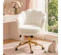 Hellove Chaise Coiffeuse Pivotante - Chaise Pétale/Coquillage en Sherpa Blanc avec roulettes, Fauteuil Coiffeuse Hauteur Réglable, Base Métallique Dorée - pour Salon, Bureau, Chambre