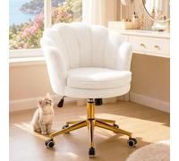 Hellove Chaise Coiffeuse Sherpa Blanc avec Dossier Pétale/Coquillage - Chaise de Bureau, Fauteuil Pivotant à roulettes, Base Dorée & Hauteur Réglable pour Salon, Bureau, Chambre