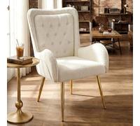 Hellove Fauteuil Salon Double Dossier Design Scandinave Luxe - Chaise Lounge Confortable Teddy, Structure Bois Massif, Pieds Métal Doré, Accoudoirs Radius pour Salon, Chambre, Blanc