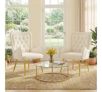 Hellove Lot de 2 Fauteuil Salon Double Dossier Design Scandinave Luxe - Chaise Lounge Confortable Cuir, Pieds Métal Doré, Accoudoirs Radius pour Salon, Chambre, Beige