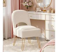 Hellove Tabouret Coiffeuse Sherpa avec Dossier & Rangement - Chaise Coiffeuse à Pieds Dorés, Pouf Rembourré pour Salon, Chambre, Siège 42 cm, Espace de Stockage 11L, Blanche