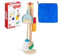 HELLOWOOD Kit de nettoyage en bois pour enfants, 8 pièces de jouets ménagers Set de jeux de rôle, y compris balais Mop brosses chiffons, etc, jouets de nettoyage cadeau pour les filles garçons âge 3-6