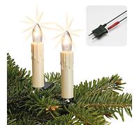 Hellum 430134 Guirlande lumineuse pour sapin de Noël, gouttes de cire, 9,8 m éclairée, 15 bougies ondulées ivoire pour l'intérieur, câble vert, fiche divisible, clips, filament transparent, 3 bougies