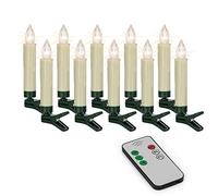 Hellum 530209 Lot de 10 bougies pour sapin de Noël, sans fil, à LED blanc chaud, intensité variable et pile, avec télécommande, mode scintillement et gouttes de cire, 9 x 1,5 cm